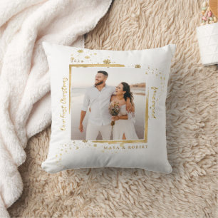 Coussin Photo encadré en or Notre premier Noël mariés