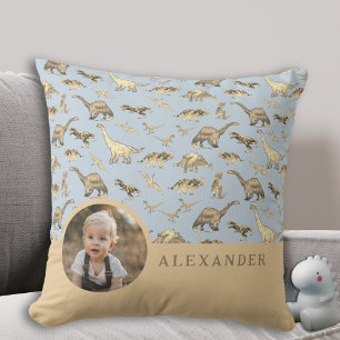 Coussin Photo et nom personnalisés de dinosaure bleu