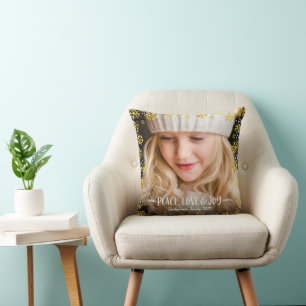 Coussin Photo Peace Love Joy Gold Snowflake Custom Holiday