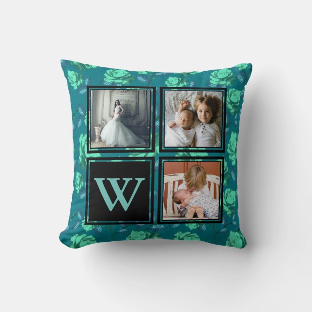 Coussin Photos de famille Turquoises et Roses bleues Lettr (Recto)