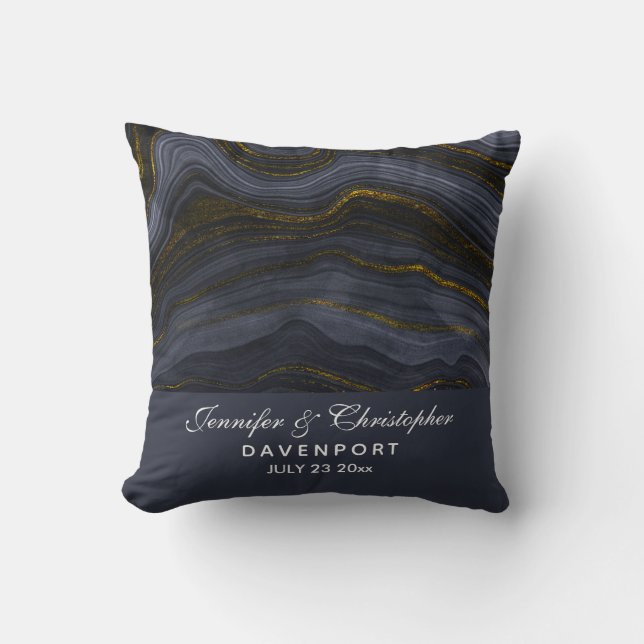 Coussin Pierre d'Agate Noir & Or moderne Mariage Abstrait (Recto)
