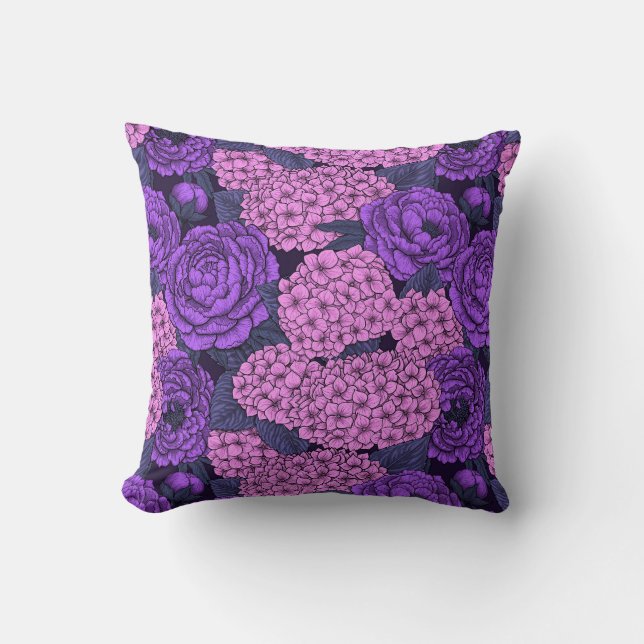 Coussin Pierre et hydrangée en rose et violet (Recto)