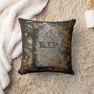 Coussin Pierres tombales gothiques vintage R.I.P. et feuil