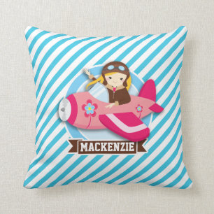 Coussin Pilote fille en avion rose; Bleu et Blancs