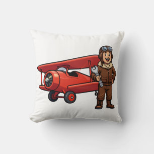 Coussin Pilote Vintage avec Dessin Animé de Biplan Rouge