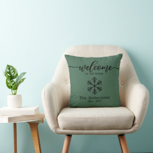 Coussin Pin Rustique Vert Bienvenue à notre maison Nom per