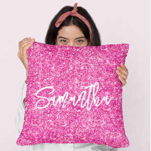 Coussin Pinceau blanc à paillettes rose vif écriture