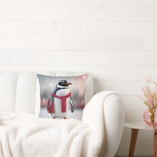 Coussin Pingouin Avec Écharpe Rouge Dans Les Snowflakes