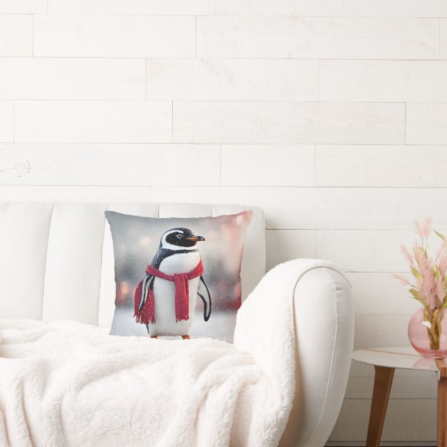Coussin Pingouin Avec Écharpe Rouge Dans Les Snowflakes (Canapé)