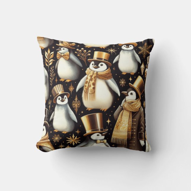 Coussin Pingouin noir et doré (Recto)