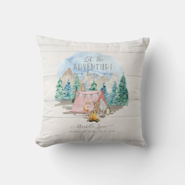 Coussin Pink Adventure Begin Rustic Birth Stats Baby Girl (Recto)
