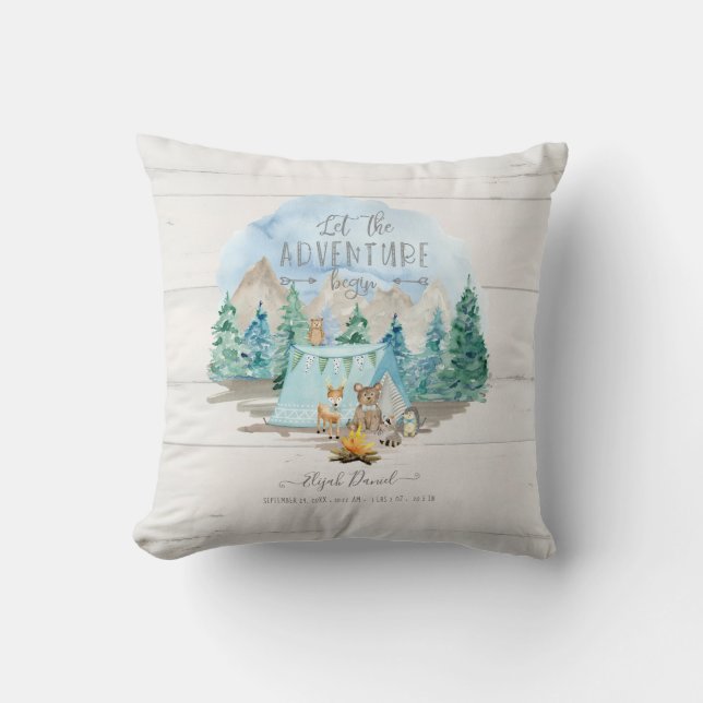 Coussin Pink Adventure Begin Rustic Birth Stats Baby Girl (Recto)