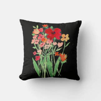 Coussin Pink and Red Wildflowers on Black Throw Pillow