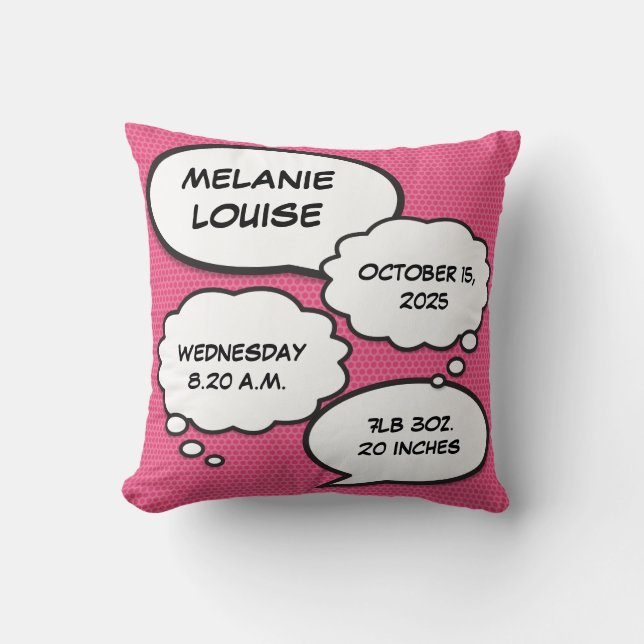Coussin Pink Baby Girl Birth Stats Fun Comic Book Keepsaké (Recto)