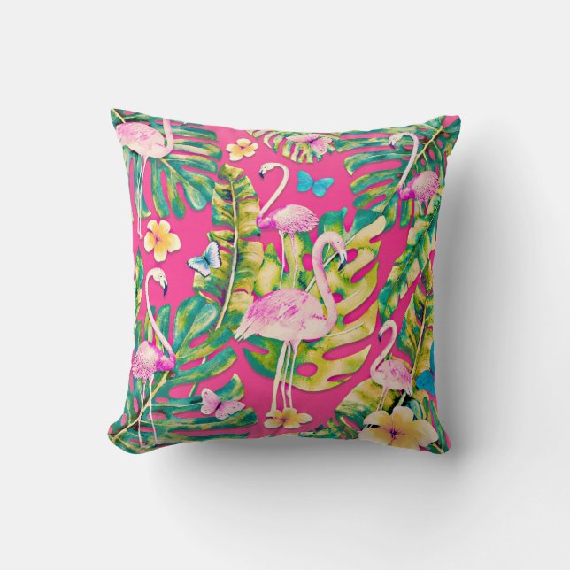 Coussin Pink Flamingos Tropical Botanical Butterfly (Recto)