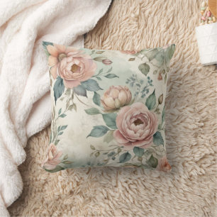 Coussin Pink Green Shabby Aquarelle Flores Vintage