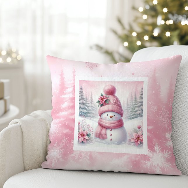 Coussin Pink Joy Snowman Cute Winter Scene Decor Pillow (Pink Joy Snowman Cute Winter Scene Decor Pillow)