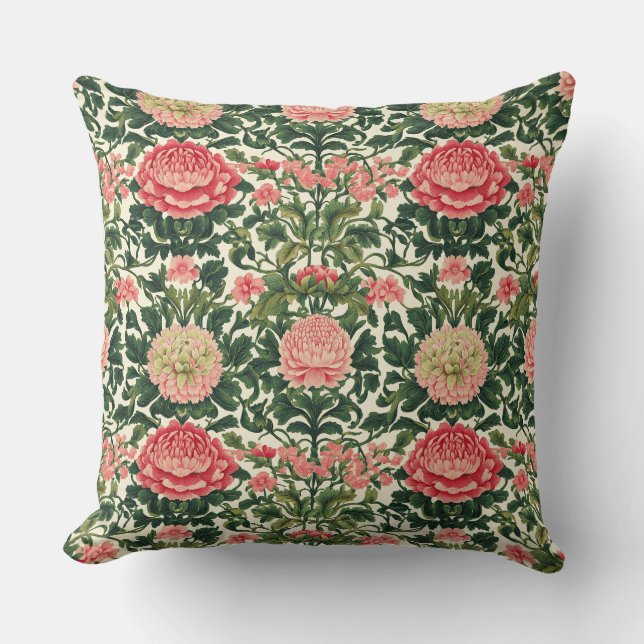 Coussin Pink Peony Symmetrical Floral Pattern (Recto)