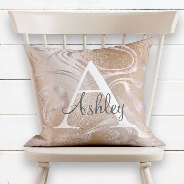Coussin Pink Rose Gold Foil Étincelle Marbre Nom du monogr (Créateur téléchargé)