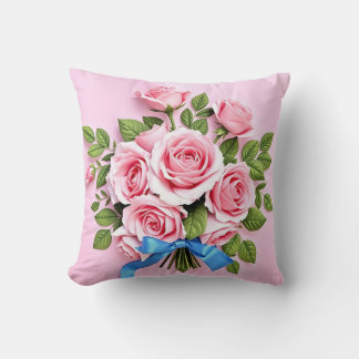 Coussin Pink Roses Bouquet Ribbon Illustration