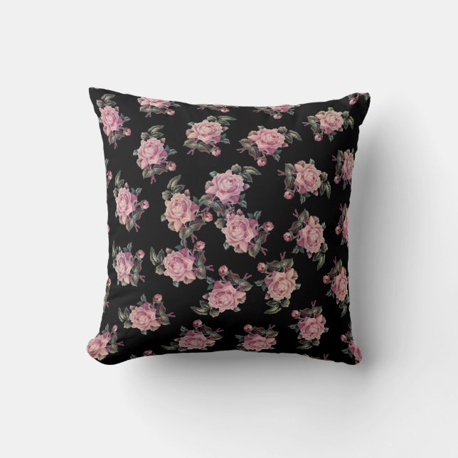 Coussin Pink Roses Dark Floral Pattern Shabby Chic (Recto)
