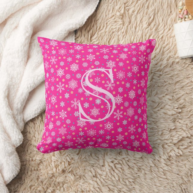 Coussin Pink Snowflakes Hot rose moderne élégant Monogramm (Couverture)