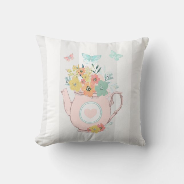 Coussin Pink Teapot with Flowers & Butterflies (Recto)