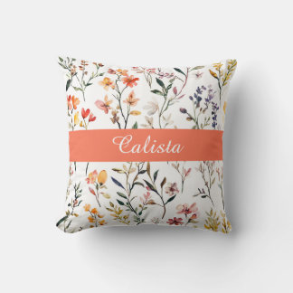 Coussin Pink Watercolor Wildflowers Monogram Name