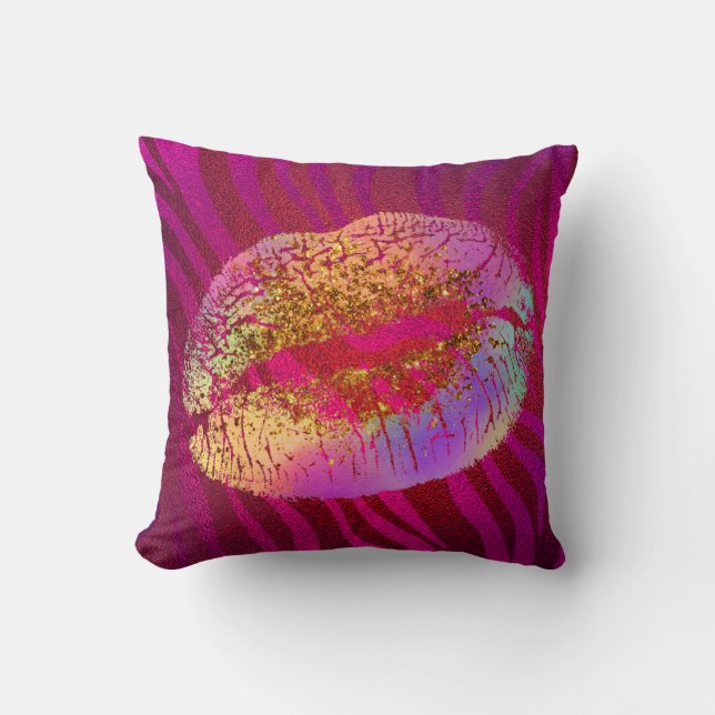 Coussin Pink Zebra Print Rainbow Glitter Lips Kiss Custom (Recto)