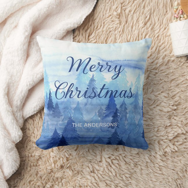 Coussin Pins d'Aquarelle Bleue Hiver Joyeux Noël (Couverture)