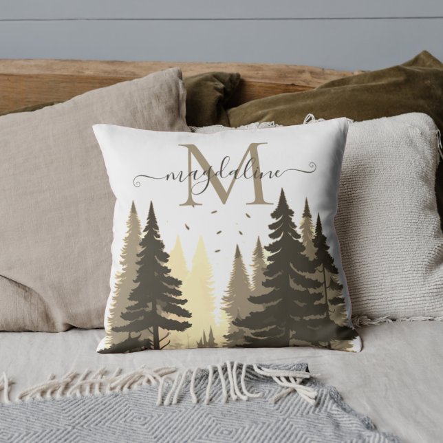 Coussin Pins de forêt Nom du script Monogramme (Créateur téléchargé)