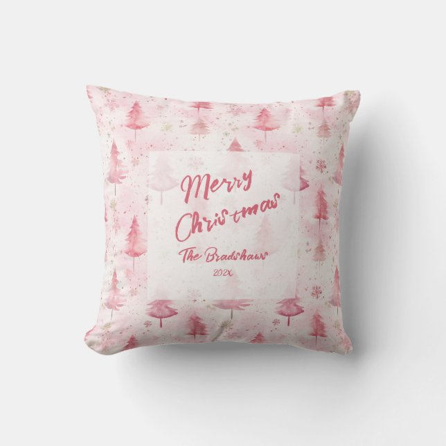 Coussin Pins roses Aquarelle Noël (Recto)
