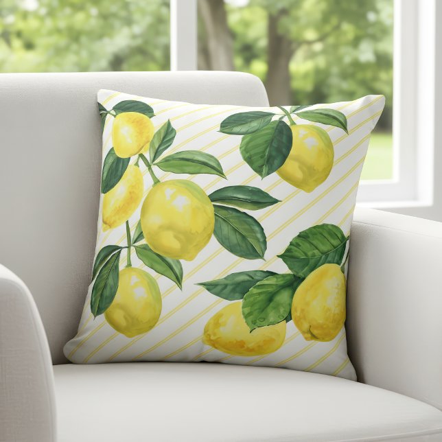 Coussin Pinstripes d'aquarelle au citron rustique frais (Créateur téléchargé)