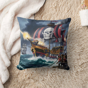 Coussin Pirate Ship Fires Cannonballs dans Stormy Seas