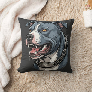 Coussin Pit Bull Gris Bleu Féroce avec Collier à Chaîne à