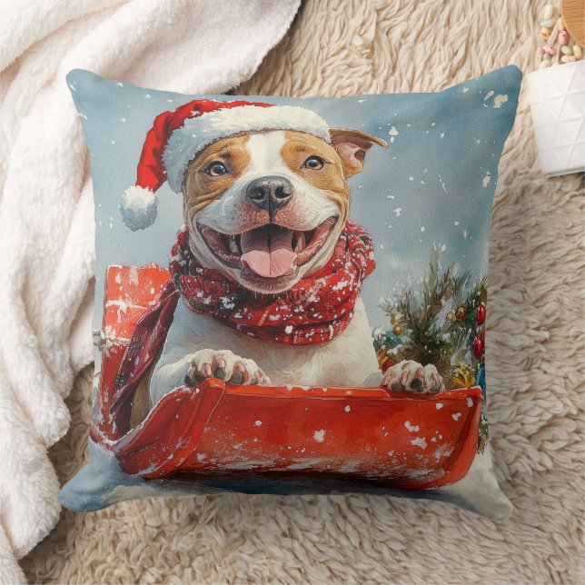 Coussin Pitbull Chien dans la boue Laisser il neige Noël (Couverture)