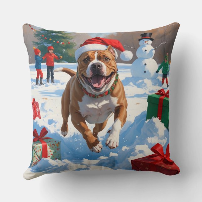 Coussin Pitbull Dog courir dans la neige avec le Casquette (Verso)