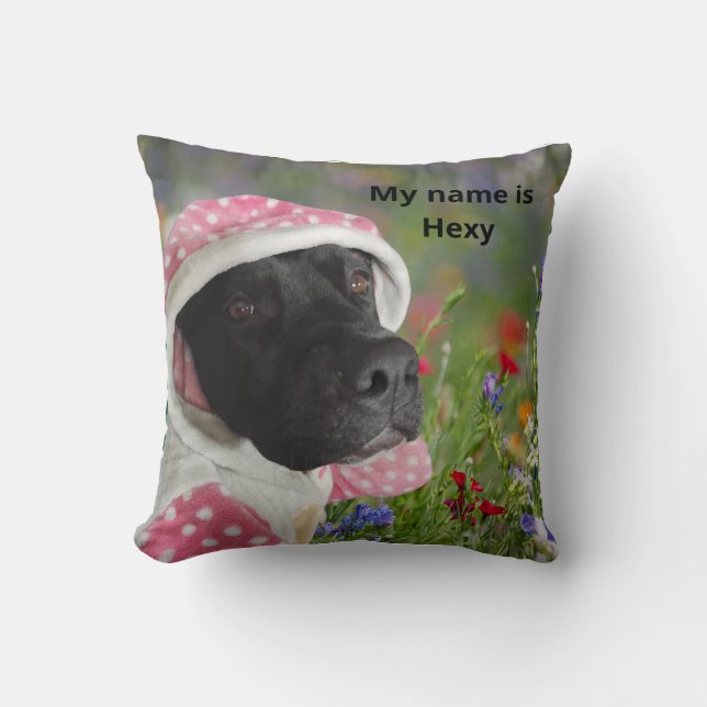 Coussin Pitbull noir dans un pochoir rose Polka - Floral M (Recto)