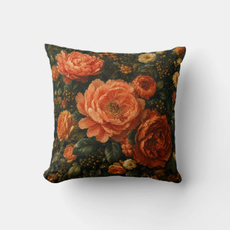 Coussin Pivoine corail vibrant et floral vintage rose