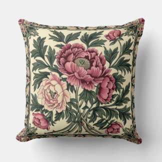 Coussin Pivoine rose vintage et vert sauge William Morris