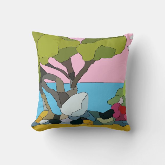 Coussin Plage et arbres Abstraits, vert bleu (Recto)