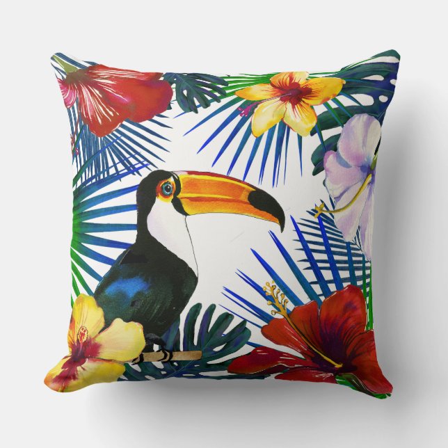Coussin Plage florale de l'Hibiscus jaune tropical Toucan (Recto)