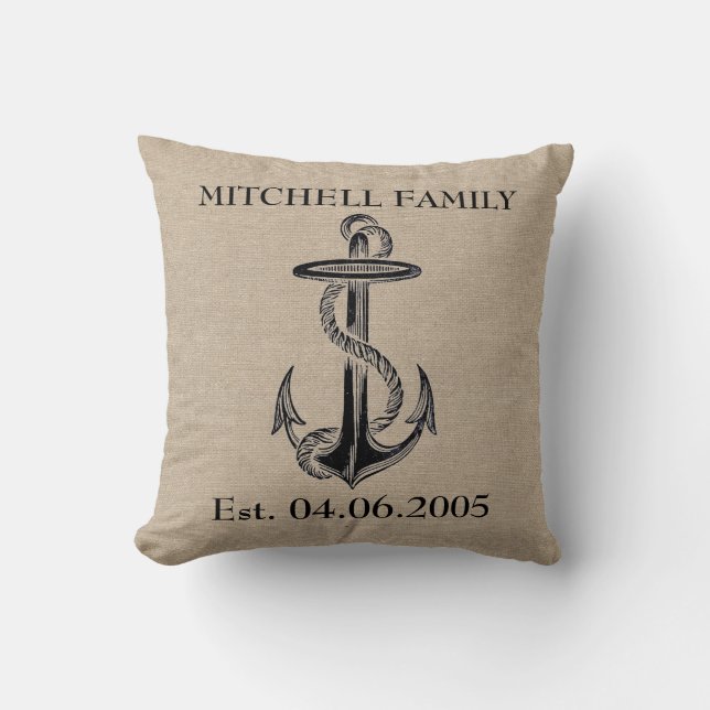 Coussin Plage rustique d'ancre de toile de jute de toile (Recto)