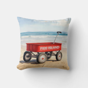 Coussin Plage sablonneuse de Fire Island avec wagon rouge