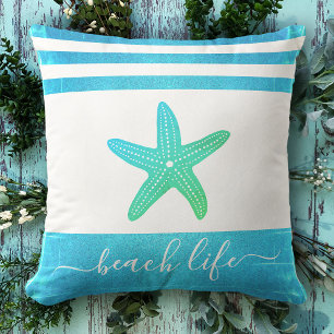 Coussin Plage script de vie bleu turquoise étoile de mer v