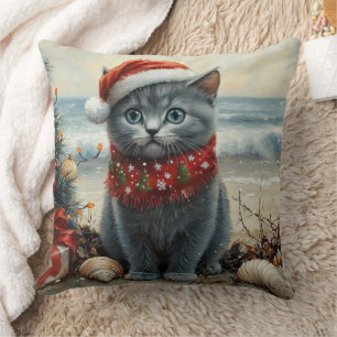 Coussin Plage Vintage de Noël de chat bleu russe