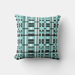 Coussin Plaid en Aqua, Turquoise, noir & blanc