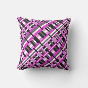 Coussin Plaid en diagonale rose, noir et gris