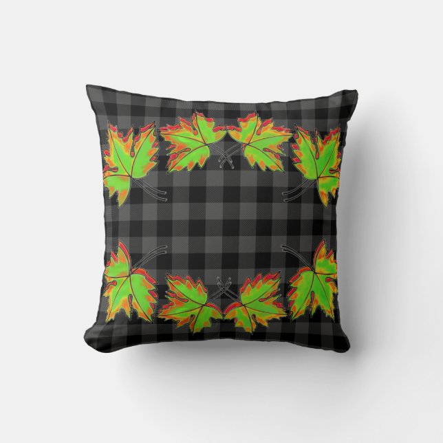 Coussin Plaid gris avec Feuilles d'érable d'automne (Recto)