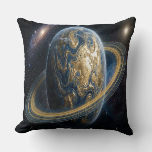 Coussin Planète Bleue Dorée avec des Anneaux